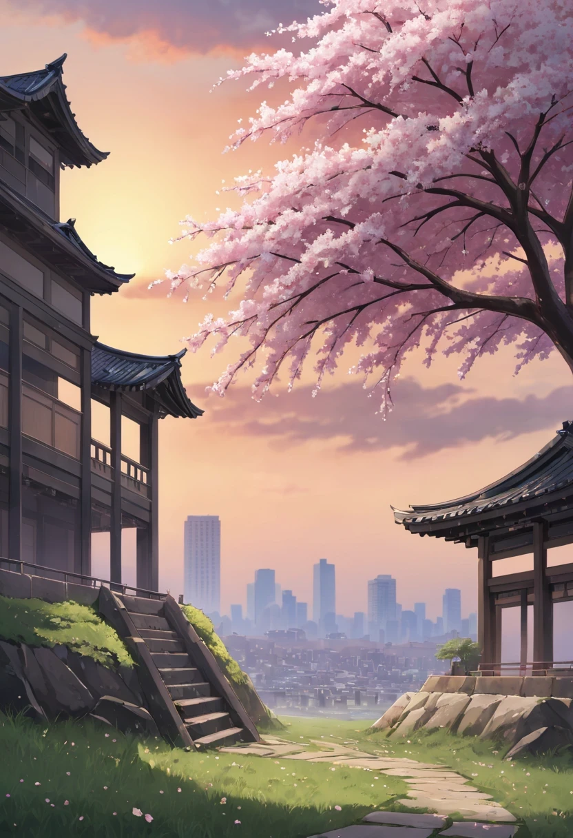 Cherry tree下的女人,Gaze at the distant skyline,那Sunset余晖与古老的都城映造出一道美丽的风景,west wind blows girl'long hair,Sunset,Sunset,cloud,fallen flowers,ancient city,Cherry tree,mottled,grassland,Silent and desolate,