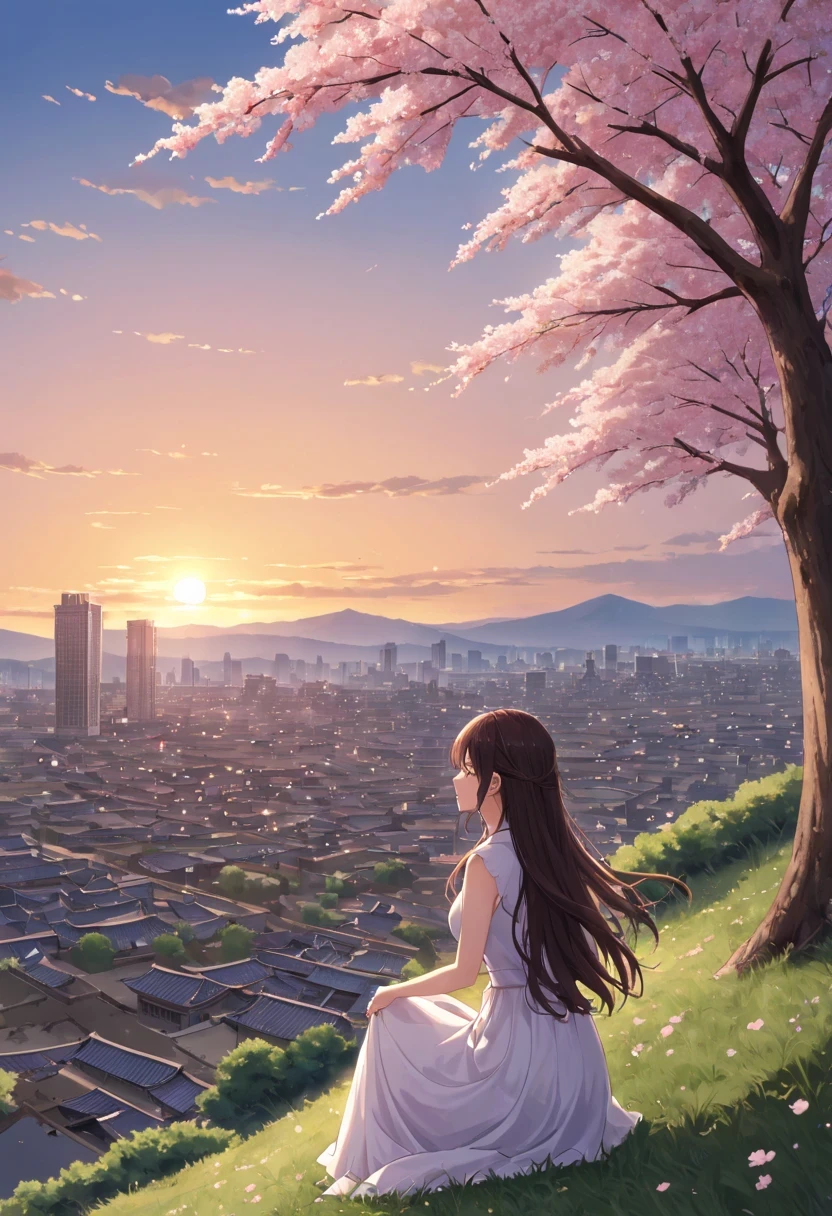 Cherry tree下的女人，Gaze at the distant skyline，那Sunset余晖与古老的都城映造出一道美丽的风景，west wind blows girl&#39;long hair，Sunset，Sunset，cloud，fallen flowers，ancient city，Cherry tree，mottled，grassland，Silent and desolate，