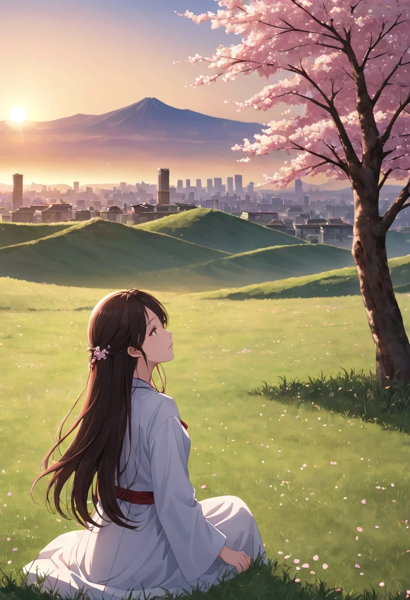 Cherry tree下的女人，Gaze at the distant skyline，那Sunset余晖与古老的都城映造出一道美丽的风景，west wind blows girl&#39;long hair，Sunset，Sunset，cloud，fallen flowers，ancient city，Cherry tree，mottled，grassland，Silent and desolate，