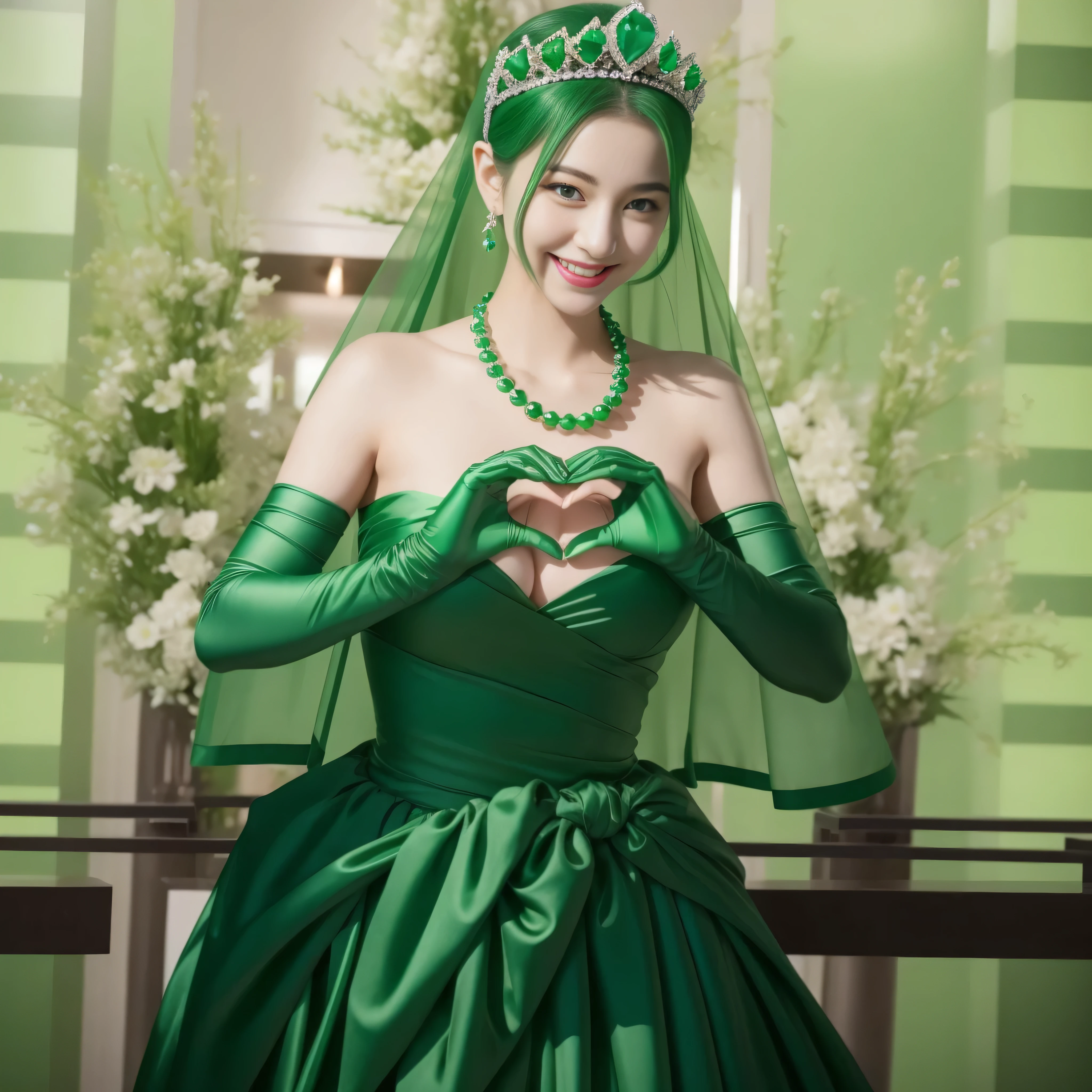 emerald tiara, Green Pearl Necklace, ボーイッシュな非常に短いgreen hair, lipstick, smiling Japanese woman, very short hair, beauty of big breasts, green eyes, green satin long gloves, green eyes, emerald earrings, Green veil, Heart with both hands, green hair, beautiful japanese woman, heart shaped hands:1.3, green lip gloss