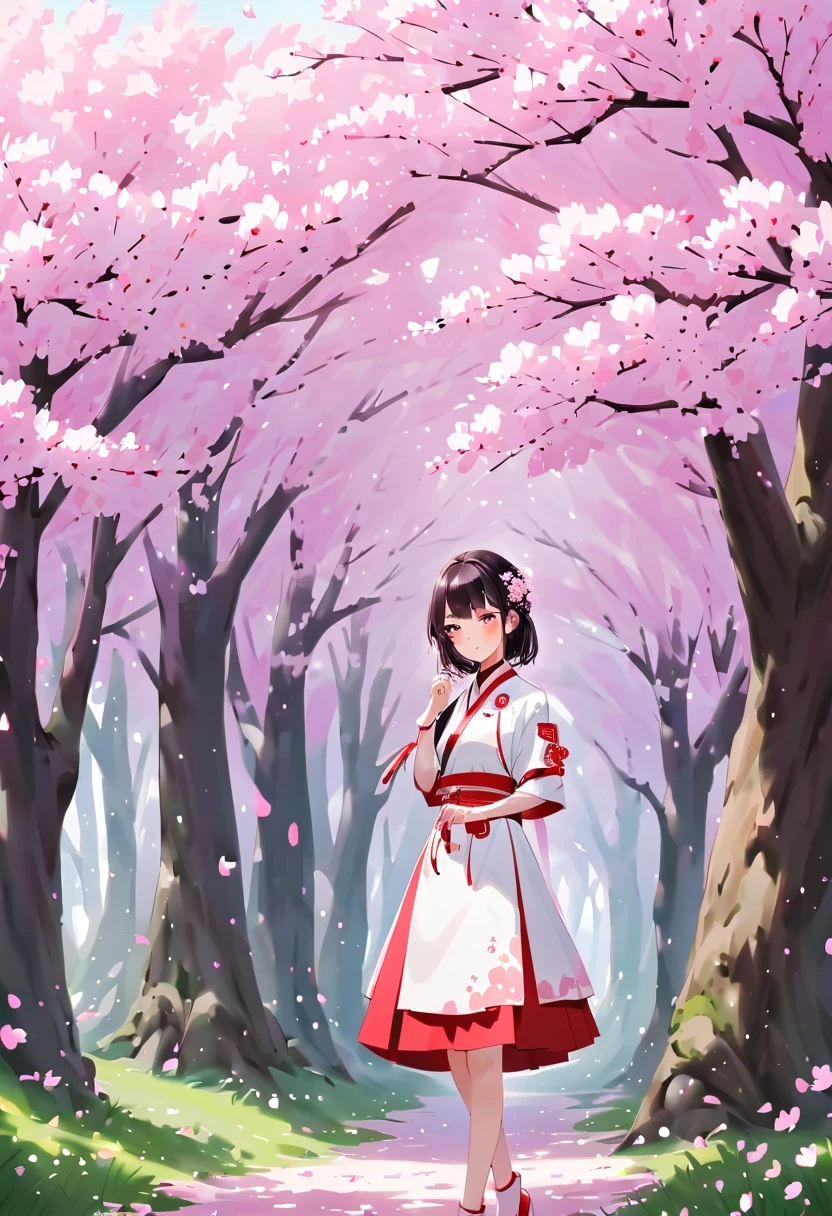 bright colors、strong contrast,simple, direct and cruel,personalization and expression，There is one wearing a red and white skirt，手里拿着一束Cherry blossoms, Cherry blossoms丛中的女孩,  Cherry blossoms, 拿着 Cherry blossoms, 选一朵 Cherry blossoms, 站在 Cherry blossoms田里的女孩, 站在 Cherry blossoms田里的女孩,  Cherry blossoms献给继承人&#39;cheek,  Cherry blossoms田里的女孩, Cherry blossoms田里的女孩肖像, girl walking in the forest, 戴着Cherry blossoms的女孩