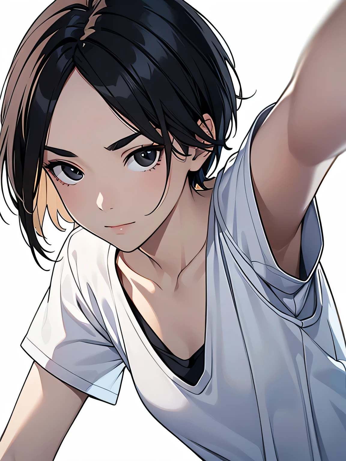 masterpiece, High resolution, 高精細CG Unity 8K,realistic,RAW photo,beautiful and detailed face, white skin,(1 girl),skinny,flat chest,(black eye),black hair,(very short hair),(amount),Side undercuts,flowing bangs,(White V Neck T-Shirt),(white background),(troubled eyebrows),(grin and laugh:0.5),