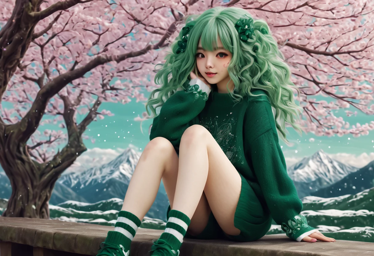 (best quality, highreagical, green theme, (magical cute sakura maiedn:1.2). with (((exaggerated hair, huge fluffy hair, expanded hair, exagerated voluminous hair))), green sweater with zentangle lines, details, (((horsehair, fluffy))), socks, shoes,