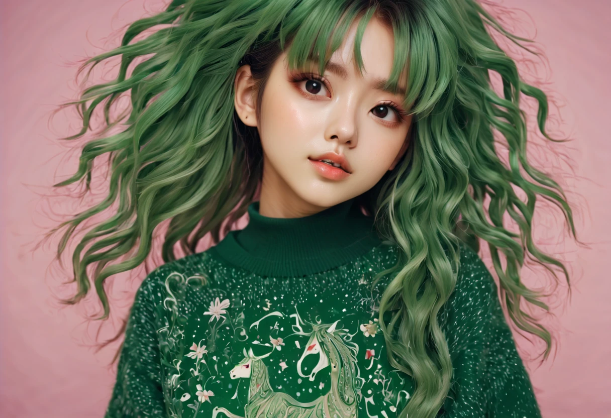 (best quality, highreagical, green theme, (magical cute sakura maiedn:1.2). with (((exaggerated hair, huge fluffy hair, expanded hair, exagerated voluminous hair))), green sweater with zentangle lines, details, (((horsehair, fluffy))), socks, shoes,