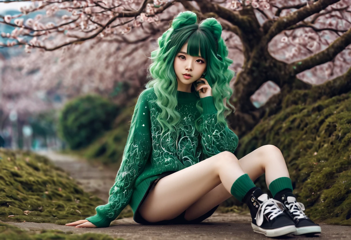 (best quality, highreagical, green theme, (magical cute sakura maiedn:1.2). with (((exaggerated hair, huge fluffy hair, expanded hair, exagerated voluminous hair))), green sweater with zentangle lines, details, (((horsehair, fluffy))), socks, shoes,