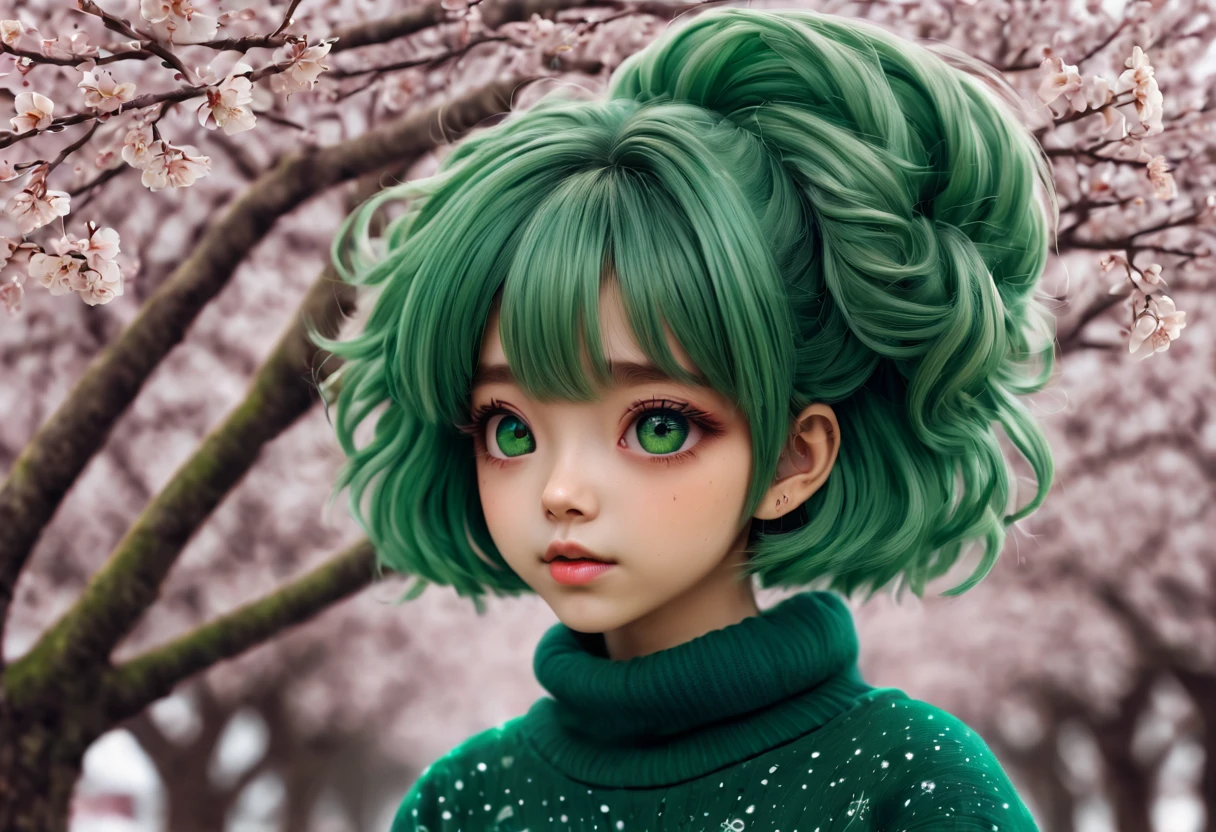 (best quality, highreagical, green theme, (magical cute sakura maiedn:1.2). with (((exaggerated hair, huge fluffy hair, expanded hair, exagerated voluminous hair))), green sweater with zentangle lines, details, (((horsehair, fluffy))), socks, shoes,