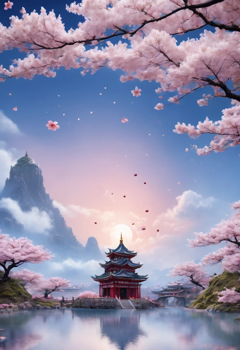 Princess&#39;s&#39;s face appears in the air，spring landscape，Surreal wonderland，Dream Island in the Sea of Clouds，(Cherry blossoms:1.3)，Cherry blossoms飞舞着，Princess&#39;The palace is covered with snow，Cherry blossoms樹綻放無盡生機，Twinkling stars in the night sky，Overlapping clouds and fog，Whimsical fantasy landscape art, Beautiful Art Ultra HD 8K, 8K highly detailed digital art, Beautiful and detailed fantasy, epic fantasy landscape, Mysterious and dreamy scenery, Magic fantasy is very detailed, magical scenery, 由Cherry blossoms和梦幻漂浮的仙女岛组成, Detailed fantasy digital art, 8K detailed digital art