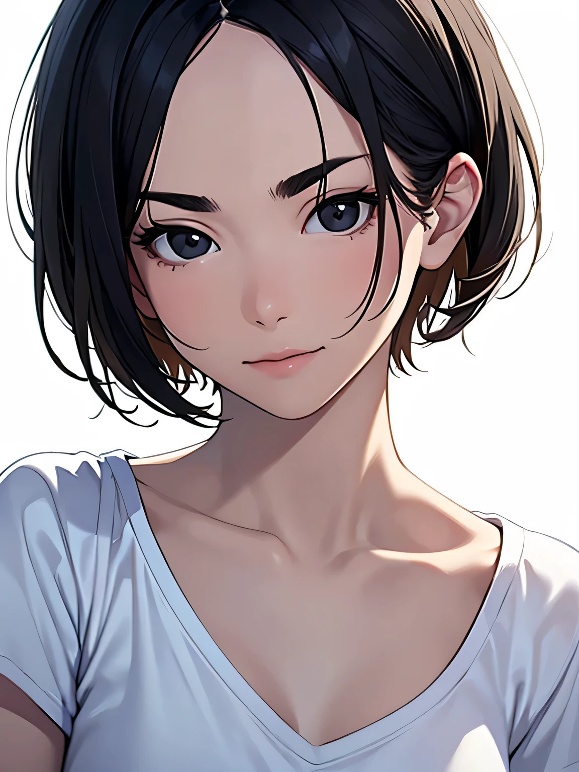 masterpiece, High resolution, 高精細CG Unity 8K,realistic,RAW photo,beautiful and detailed face, white skin,(1 girl),skinny,flat chest,(black eye),black hair,(very short hair),(amount),Side undercuts,flowing bangs,(White V Neck T-Shirt),(white background),(troubled eyebrows),(grin and laugh:0.5),