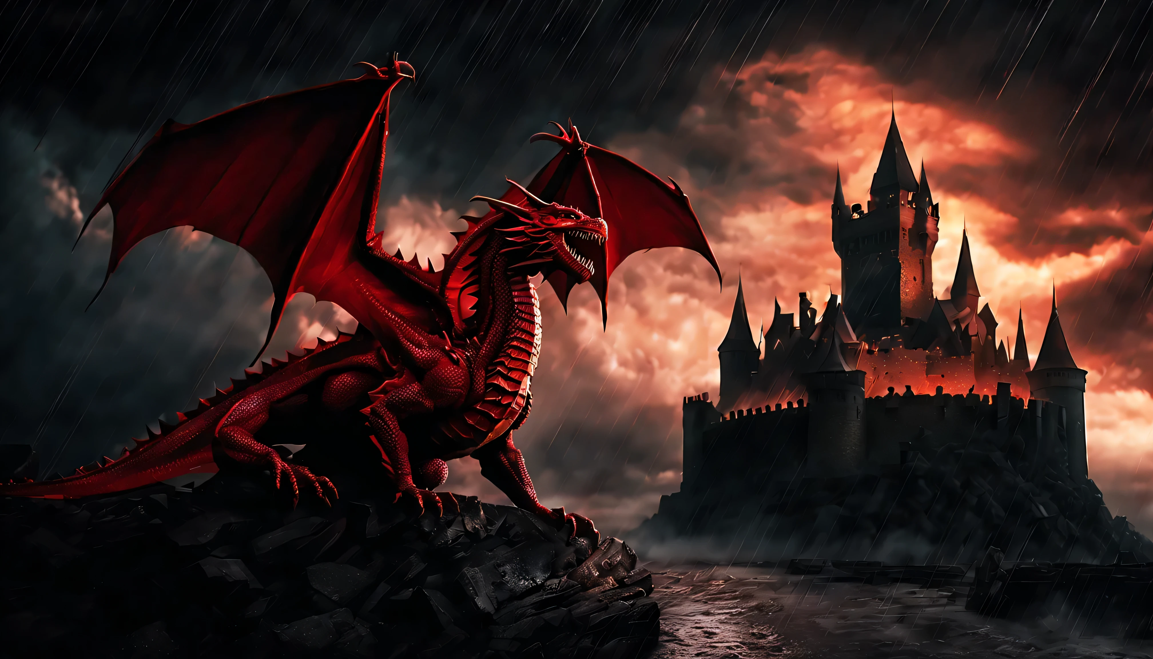 (masterpiece:1.2),(best quality),(8K,HD),(starfield:1.1), dark souls, gothic, motion picture, dark picture, horror, dark fantasy, horrifing red dragon rushing toward viewer, huge jaws, medieval castle, dark clouds, rain, storm, low light, action scene, dnd, dungeons and dragons, rain drops, adrenaline