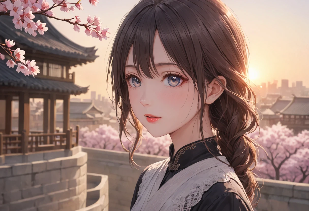 (best quality,4k,8k,high resolution,masterpiece:1.2),super detailed,(actual,photoactual,photo-actual:1.37),Cherry blossoms树下的女人，portrait,beautiful and delicate eyes,beautiful and delicate lips,Extremely detailed eyes and face,long eyelashes,Styling posture,Cherry blossoms，ancient city houses,flowing hair,Looking at the distant skyline,The sunset shines on the ancient ,Create a beautiful landscape,The wind blows the girl&#39;ancient city hair,Sunset,Sunset,colorful clouds,飘落的Cherry blossoms瓣,ancient capital,Light禿禿的樹木,mottled,Overgrown,quiet and desolate,contour,backLight,Contrast of Light and shadow,haze,Light,film grain