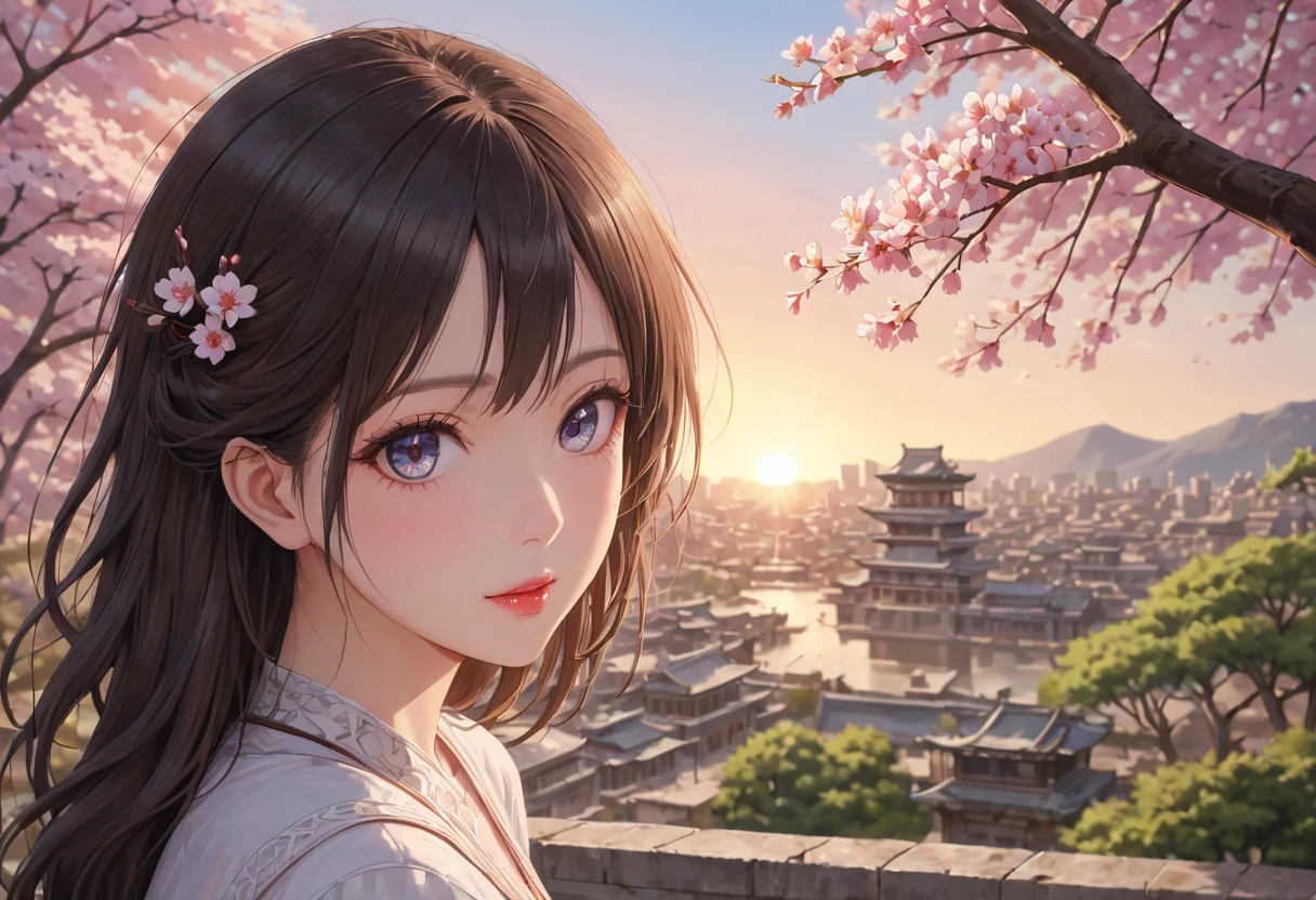 (best quality,4k,8k,high resolution,masterpiece:1.2),super detailed,(actual,photoactual,photo-actual:1.37),Cherry blossoms树下的女人，portrait,beautiful and delicate eyes,beautiful and delicate lips,Extremely detailed eyes and face,long eyelashes,Styling posture,Cherry blossoms，ancient city houses,flowing hair,Looking at the distant skyline,The sunset shines on the ancient ,Create a beautiful landscape,The wind blows the girl&#39;ancient city hair,Sunset,Sunset,colorful clouds,飘落的Cherry blossoms瓣,ancient capital,Light禿禿的樹木,mottled,Overgrown,quiet and desolate,contour,backLight,Contrast of Light and shadow,haze,Light,film grain