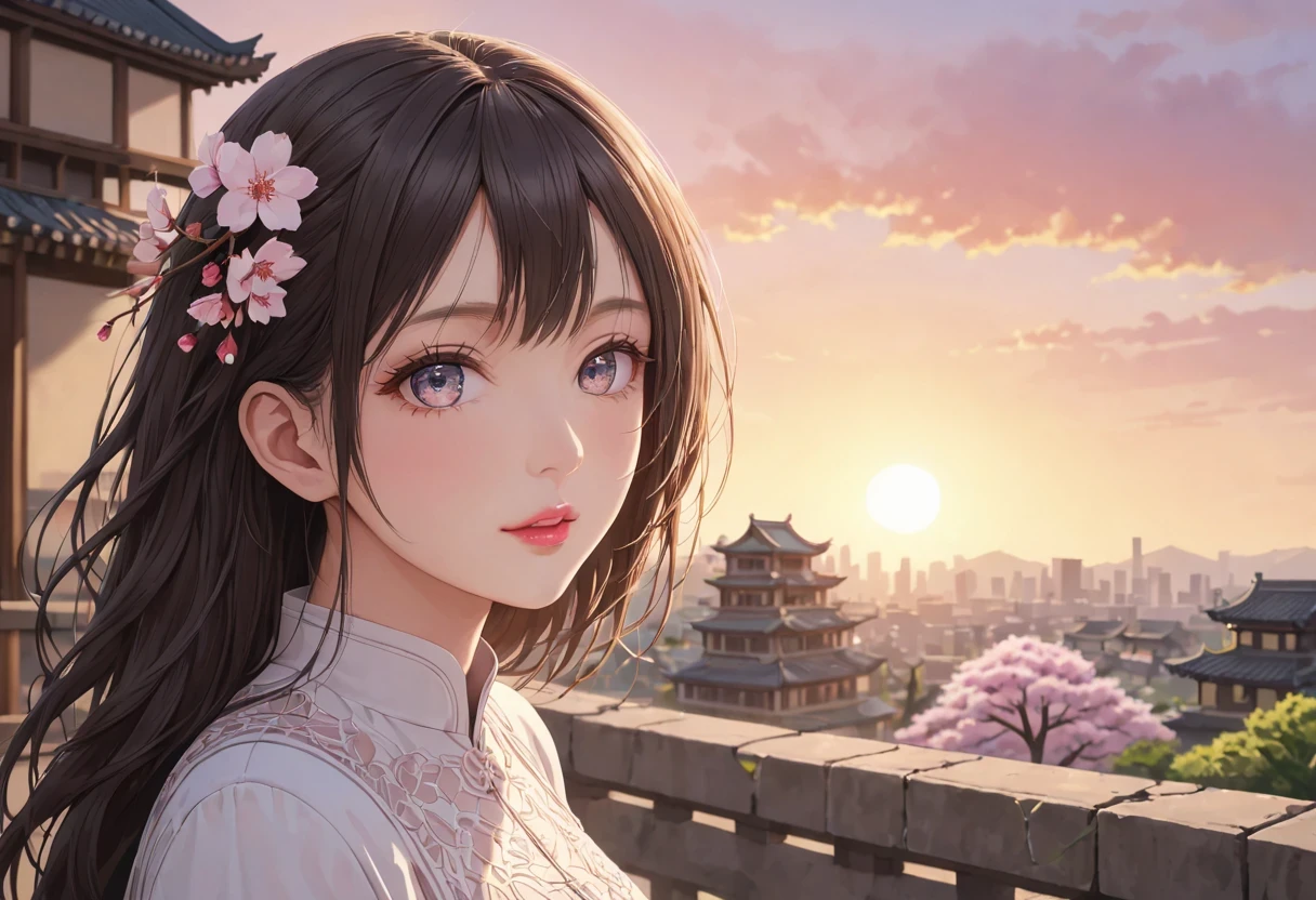 (best quality,4k,8k,high resolution,masterpiece:1.2),super detailed,(actual,photoactual,photo-actual:1.37),Cherry blossoms树下的女人，portrait,beautiful and delicate eyes,beautiful and delicate lips,Extremely detailed eyes and face,long eyelashes,Styling posture,Cherry blossoms，ancient city houses,flowing hair,Looking at the distant skyline,The sunset shines on the ancient ,Create a beautiful landscape,The wind blows the girl&#39;ancient city hair,Sunset,Sunset,colorful clouds,飘落的Cherry blossoms瓣,ancient capital,Light禿禿的樹木,mottled,Overgrown,quiet and desolate,contour,backLight,Contrast of Light and shadow,haze,Light,film grain