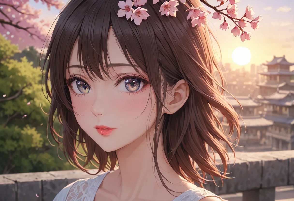 (best quality,4k,8k,high resolution,masterpiece:1.2),super detailed,(actual,photoactual,photo-actual:1.37),Cherry blossoms树下的女人，portrait,beautiful and delicate eyes,beautiful and delicate lips,Extremely detailed eyes and face,long eyelashes,Styling posture,Cherry blossoms，ancient city houses,flowing hair,Looking at the distant skyline,The sunset shines on the ancient ,Create a beautiful landscape,The wind blows the girl&#39;ancient city hair,Sunset,Sunset,colorful clouds,飘落的Cherry blossoms瓣,ancient capital,Light禿禿的樹木,mottled,Overgrown,quiet and desolate,contour,backLight,Contrast of Light and shadow,haze,Light,film grain