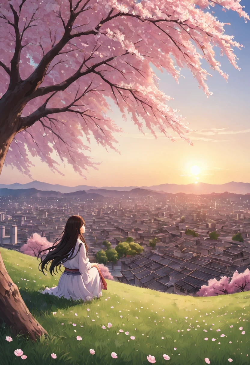 Cherry tree下的女人，Gaze at the distant skyline，那Sunset余晖与古老的都城映造出一道美丽的风景，west wind blows girl&#39;long hair，Sunset，Sunset，cloud，fallen flowers，ancient city，Cherry tree，mottled，grassland，Silent and desolate，