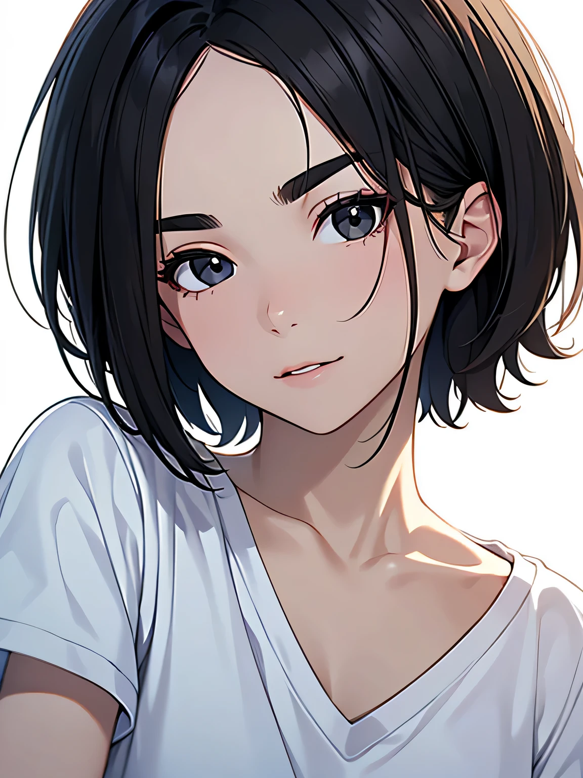 masterpiece, High resolution, 高精細CG Unity 8K,realistic,RAW photo,beautiful and detailed face, white skin,(1 girl),skinny,flat chest,(black eye),black hair,(very short hair),(amount),Side undercuts,flowing bangs,(White V Neck T-Shirt),(white background),(troubled eyebrows),(grin and laugh:0.5),
