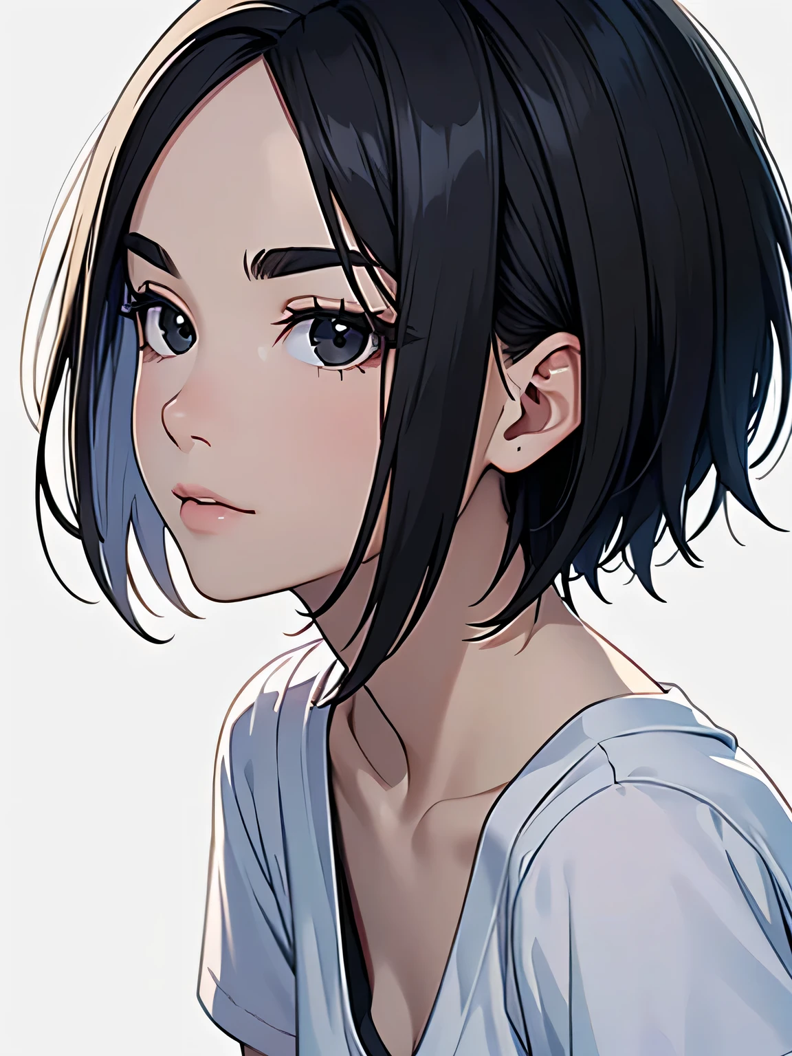 masterpiece, High resolution, 高精細CG Unity 8K,realistic,RAW photo,beautiful and detailed face, white skin,(1 girl),skinny,flat chest,(black eye),black hair,(very short hair),(amount),Side undercuts,flowing bangs,(White V Neck T-Shirt),(white background),(troubled eyebrows),(grin and laugh:0.5),dynamic angle