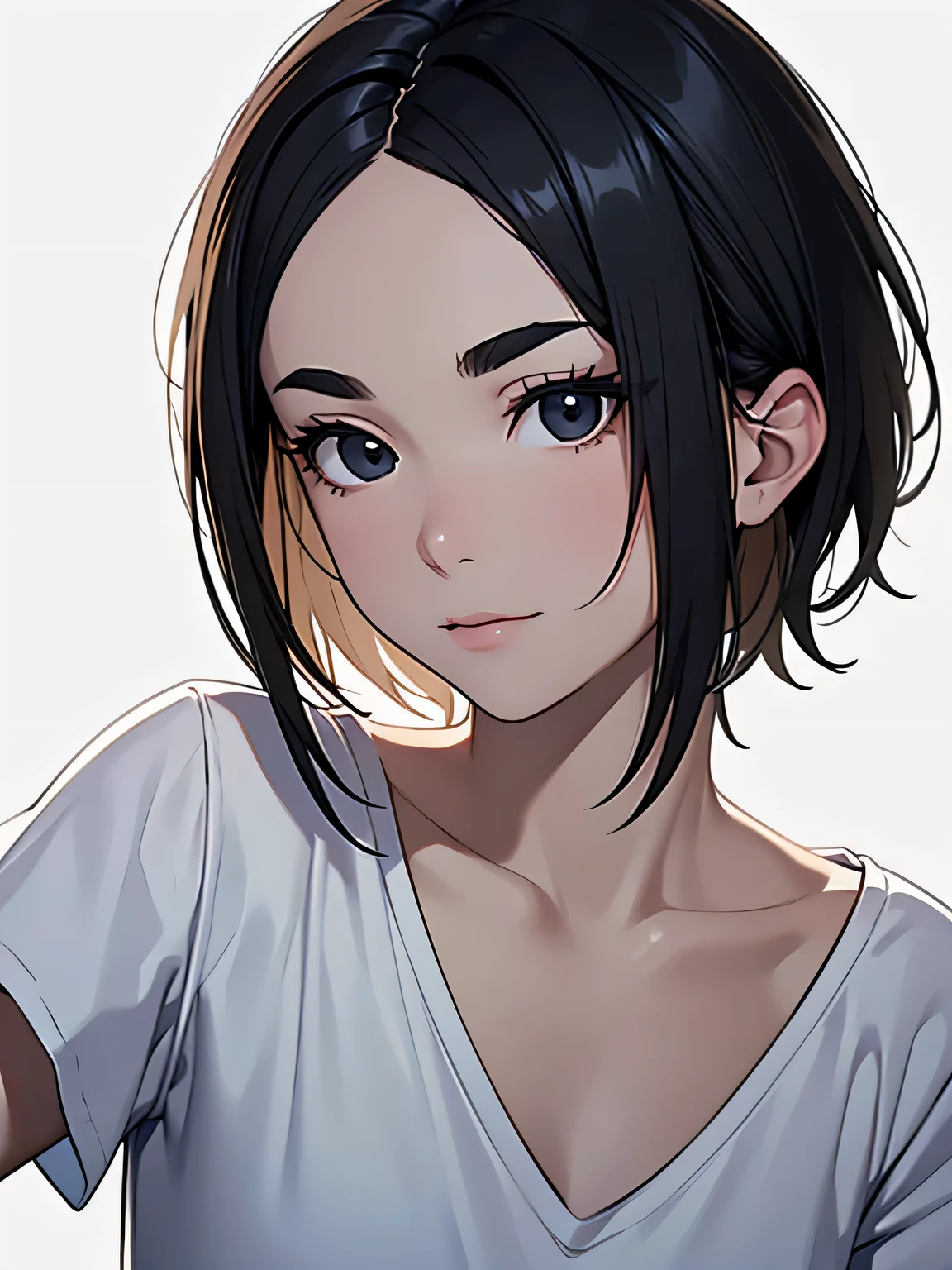 masterpiece, High resolution, 高精細CG Unity 8K,realistic,RAW photo,beautiful and detailed face, white skin,(1 girl),skinny,flat chest,(black eye),black hair,(very short hair),(amount),Side undercuts,flowing bangs,(White V Neck T-Shirt),(white background),(troubled eyebrows),(grin and laugh:0.5),dynamic angle