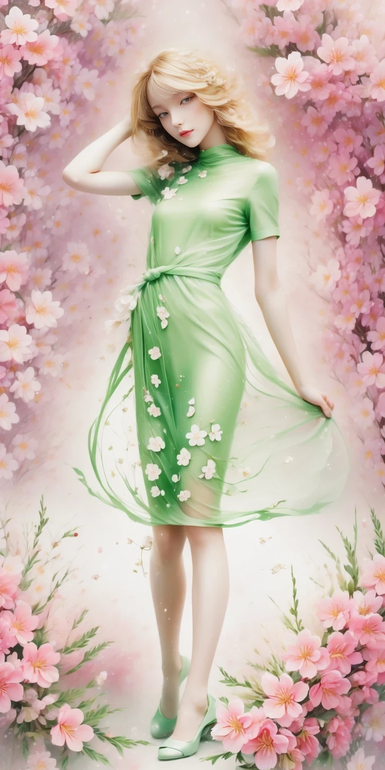 (Sakura background:1.5)，Beautiful woman in dream space, Tight ultra-thin dress gold, 18k, {{masterpiece}}, best quality, high quality:1.4), {{[[View from the front}}, Eye_touch,Various photo taking actions)]], face is very beautiful, and very pretty Eyes, charming的图像, (((Full body image))),（（beautiful legs））, perfect body proportions，（Slim and sexy figure）, （177 meters）, alone, long legs, charming, ，charming的, pale skin, {{18to 22 years old German girl}}, look beautiful German girl and blue Eyes or green Eyes with platinum blonde hair color), Nordic German girl,Modern tailoring garments，see through clothes，External，𝓡𝓸𝓶𝓪𝓷𝓽𝓲𝓬，imagine