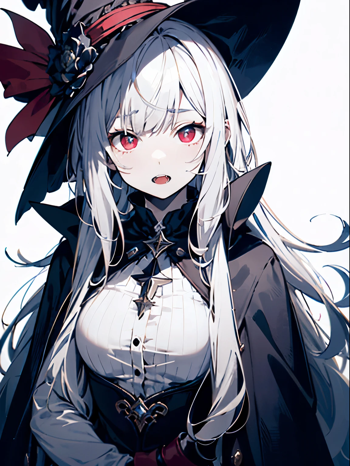 teenage girl、A lively magician whose facial muscles are dead、large witch hat 、cute、long white hair、Red eyes and glazed eyes、Bangs are heavy、Thin eyebrows、lowered eyebrows、fantasy、intake、double teeth、star motif、monochrome clotheetal look decoration、cape