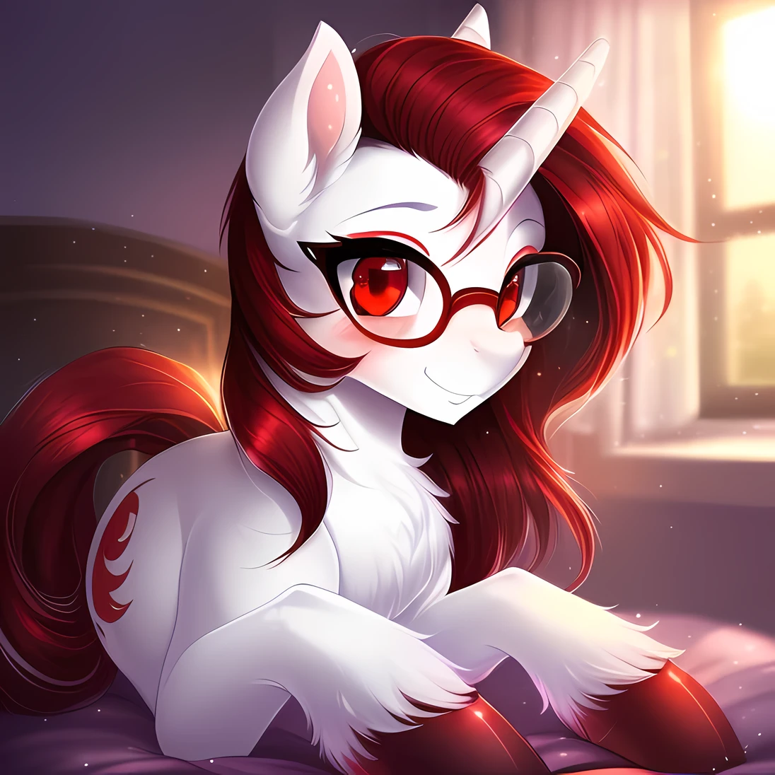 feral pony, portrait, ((bedroom)), ((sockasterpiece), (raytracing), (cinematic lighting), triadic lighting, High Definition, light particles, (shading), ((((smooth white fur)))), red glowing clear eyes ((shiny fur pony body)), (((glowing clear red eyes))), ((pony)), ((short red hair)), ((four hooves)) female, mare, {my little pony}, blush ((red tail)), (((cute))), (((pony))), ((sexy)) ((small red highlights)) (((pony))), ((sexy)), ((clear eye's)), ((red eye colour)), ((white fur colour)), fluffy:1, (masterpiece, best quality:1.1), fragrant, colourful, idyllic, whimsical, by Russolo Rossdraws Kinkade, (((cute))), (((alicorn))), wearing glasses, NSFW, nude, Porn, ahegao