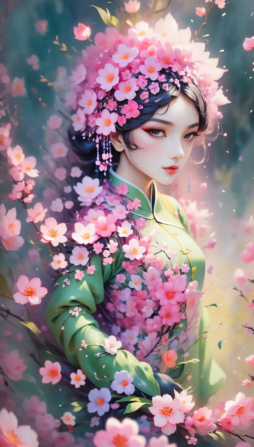 (((Baiyun，Sakura background))), (((high saturation))), ((surrounded by brilliant colors)))) super detailed, Beautiful and beautiful, masterpiece, best quality, (tangled, mandala, tangled, twist), (Fractal art: 1.3), 1 girl, Very detailed, dynamic angle, cowboy shooting, Chaos in its most beautiful form, elegant, brutalist design, bright colors, romanticism, Michael Mraz, Adrian Gurney, Petra Courtright, Atmospheric, ecstatic notes, Mobile phone notes are visible