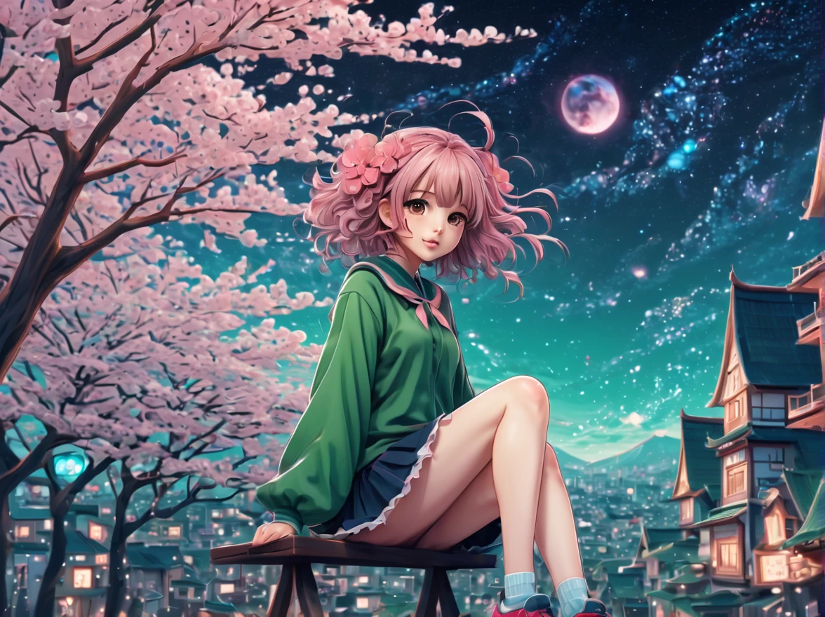 (best quality, highres, ultra sharp), (magical cute sakura maiden:1.2). with (exaggerated hair, huge fluffy hair, expanded hair, exagerated voluminous hair, small freckles, green sweater with small dots, details, horsehair, fluffy, socks, magic background, cute art deco buildings, flowing lines, clean and crisp outlines, zentangle hair style, zentangle, starry sky, 3d crunch, cinematic, full body with long legs, from head to shoes, multiple sides view, split image in 2 parts,