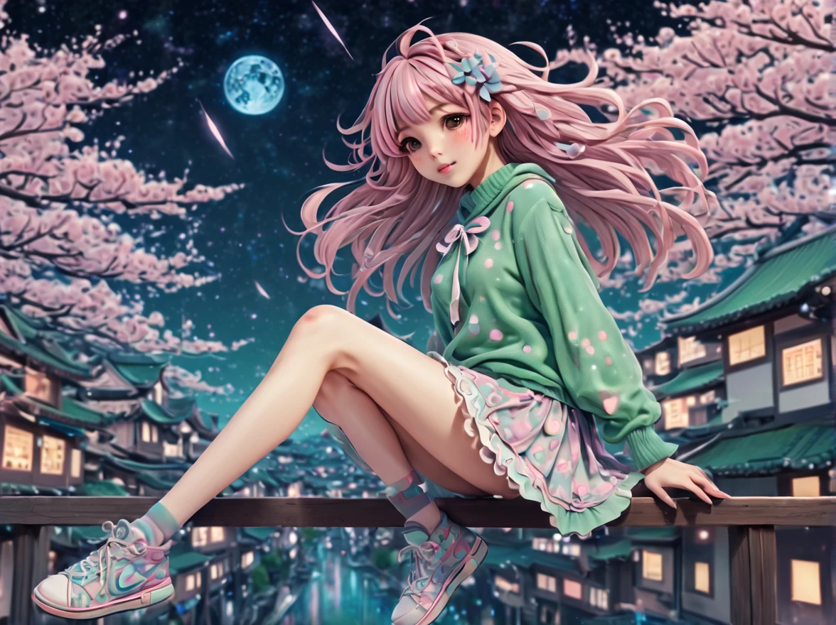 (best quality, highres, ultra sharp), (magical cute sakura maiden:1.2). with (exaggerated hair, huge fluffy hair, expanded hair, exagerated voluminous hair, small freckles, green sweater with small dots, details, horsehair, fluffy, socks, magic background, cute art deco buildings, flowing lines, clean and crisp outlines, zentangle hair style, zentangle, starry sky, 3d crunch, cinematic, full body with long legs, from head to shoes, multiple sides view, split image in 2 parts,