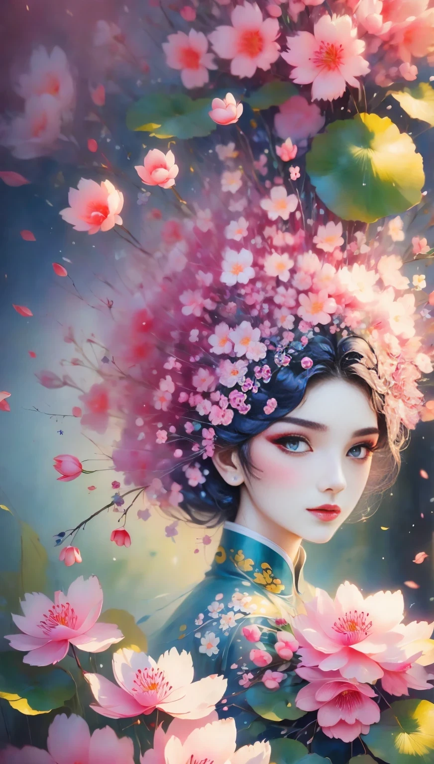 (((Baiyun，Sakura background))), (((high saturation))), ((surrounded by brilliant colors)))) super detailed, Beautiful and beautiful, masterpiece, best quality, (tangled, mandala, tangled, twist), (Fractal art: 1.3), 1 girl, Very detailed, dynamic angle, cowboy shooting, Chaos in its most beautiful form, elegant, brutalist design, bright colors, romanticism, Michael Mraz, Adrian Gurney, Petra Courtright, Atmospheric, ecstatic notes, Mobile phone notes are visible