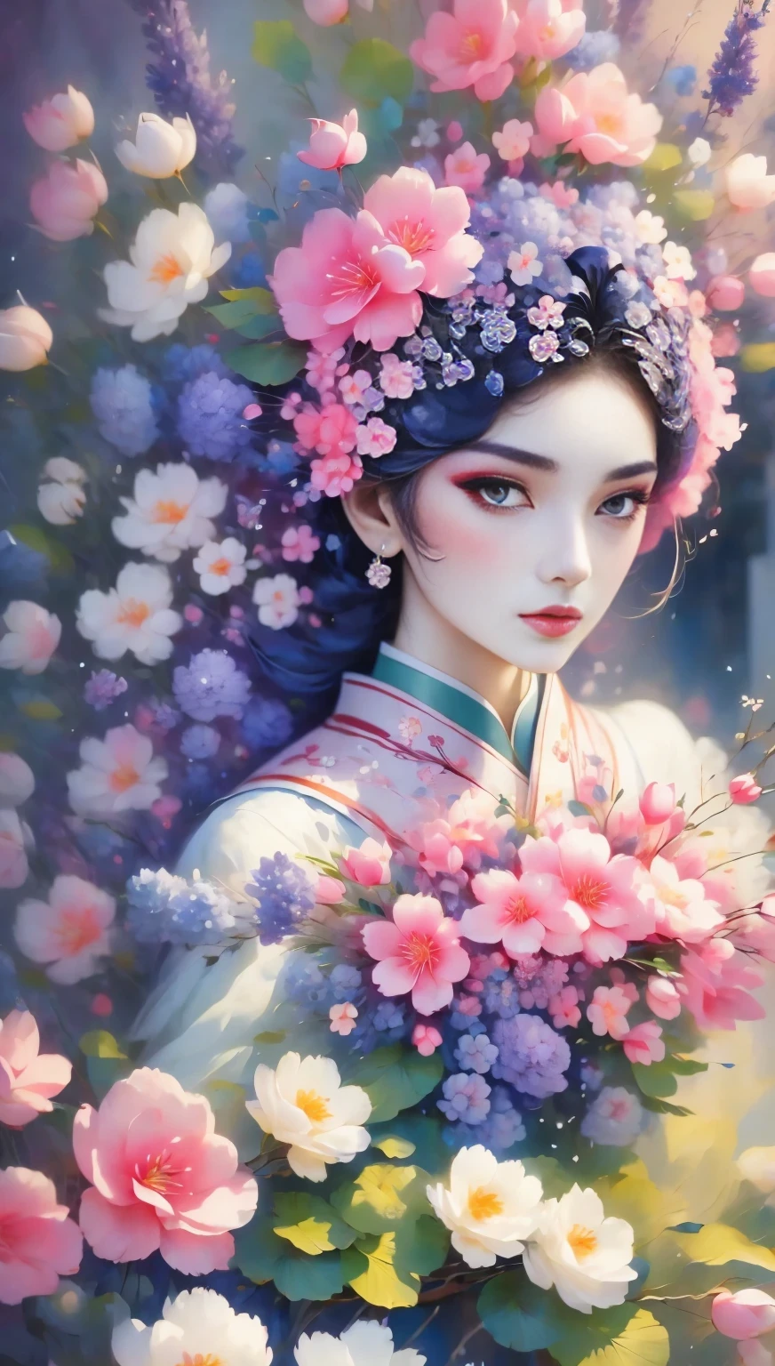 (((Baiyun，Sakura background))), (((high saturation))), ((surrounded by brilliant colors)))) super detailed, Beautiful and beautiful, masterpiece, best quality, (tangled, mandala, tangled, twist), (Fractal art: 1.3), 1 girl, Very detailed, dynamic angle, cowboy shooting, Chaos in its most beautiful form, elegant, brutalist design, bright colors, romanticism, Michael Mraz, Adrian Gurney, Petra Courtright, Atmospheric, ecstatic notes, Mobile phone notes are visible