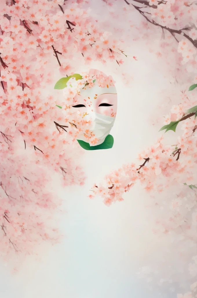 mask in cherry blossoms,White mask surrounded by cherry blossoms