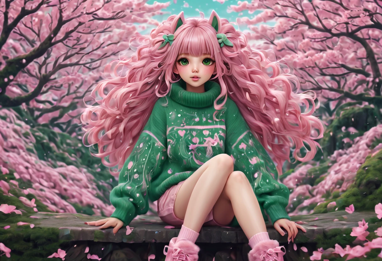 (best quality, highreagical, pink theme, (magical cute sakura maiedn:1.2). with (((exaggerated hair, huge fluffy hair, expanded hair, exagerated voluminous hair))), green sweater with zentangle lines, details, (((horsehair, fluffy))), socks, shoes,