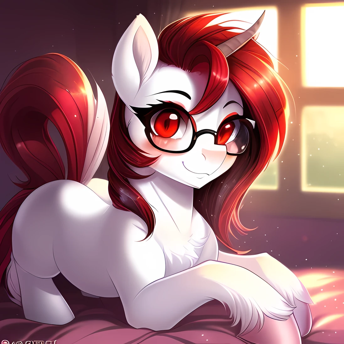 feral pony, portrait, ((bedroom)), ((sockasterpiece), (raytracing), (cinematic lighting), triadic lighting, High Definition, light particles, (shading), ((((smooth white fur)))), red glowing clear eyes ((shiny fur pony body)), (((glowing clear red eyes))), ((pony)), ((short red hair)), ((four hooves)) female, mare, {my little pony}, blush ((red tail)), (((cute))), (((pony))), ((sexy)) ((small red highlights)) (((pony))), ((sexy)), ((clear eye's)), ((red eye colour)), ((white fur colour)), fluffy:1, (masterpiece, best quality:1.1), fragrant, colourful, idyllic, whimsical, by Russolo Rossdraws Kinkade, (((cute))), (((gasses))), (((alicorn))), wearing glasses
