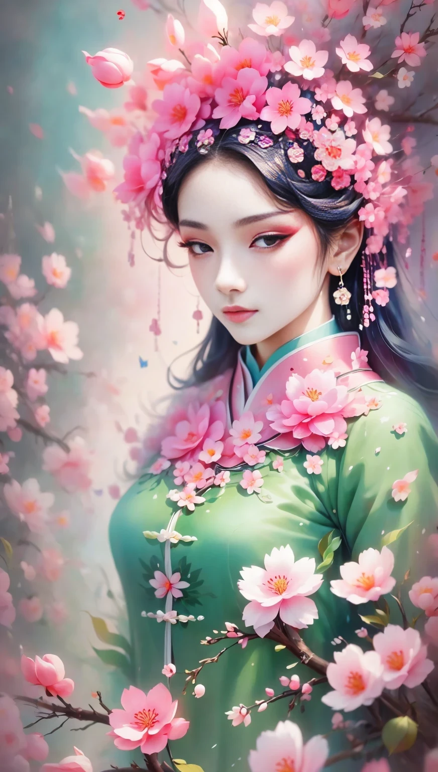 (((Baiyun，Sakura background))), (((high saturation))), ((surrounded by brilliant colors)))) super detailed, Beautiful and beautiful, masterpiece, best quality, (tangled, mandala, tangled, twist), (Fractal art: 1.3), 1 girl, Very detailed, dynamic angle, cowboy shooting, Chaos in its most beautiful form, elegant, brutalist design, bright colors, romanticism, Michael Mraz, Adrian Gurney, Petra Courtright, Atmospheric, ecstatic notes, Mobile phone notes are visible