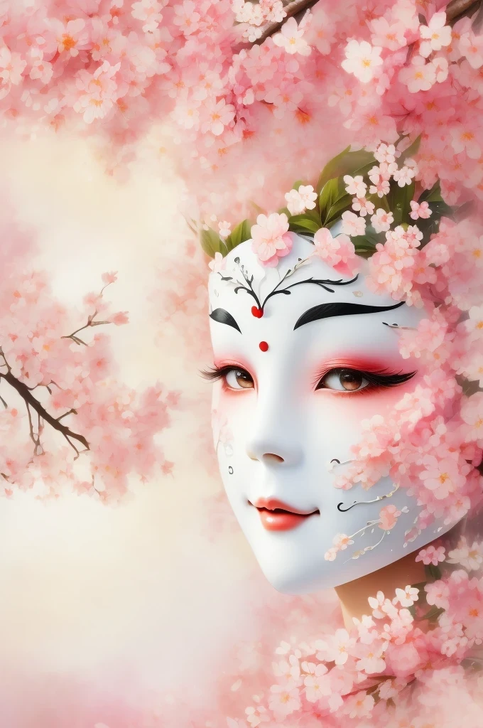 mask in cherry blossoms,White mask surrounded by cherry blossoms