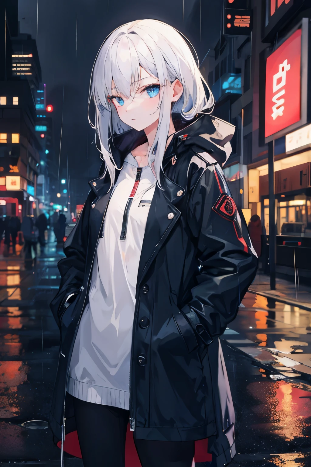 1girl,night city,rain,coat,hands in pockets