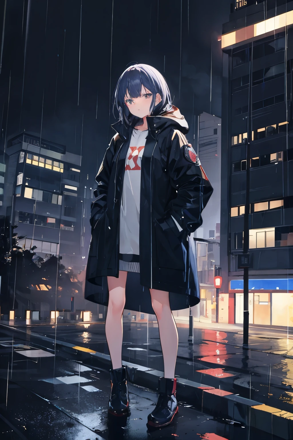 1girl,night city,rain,coat,hands in pockets