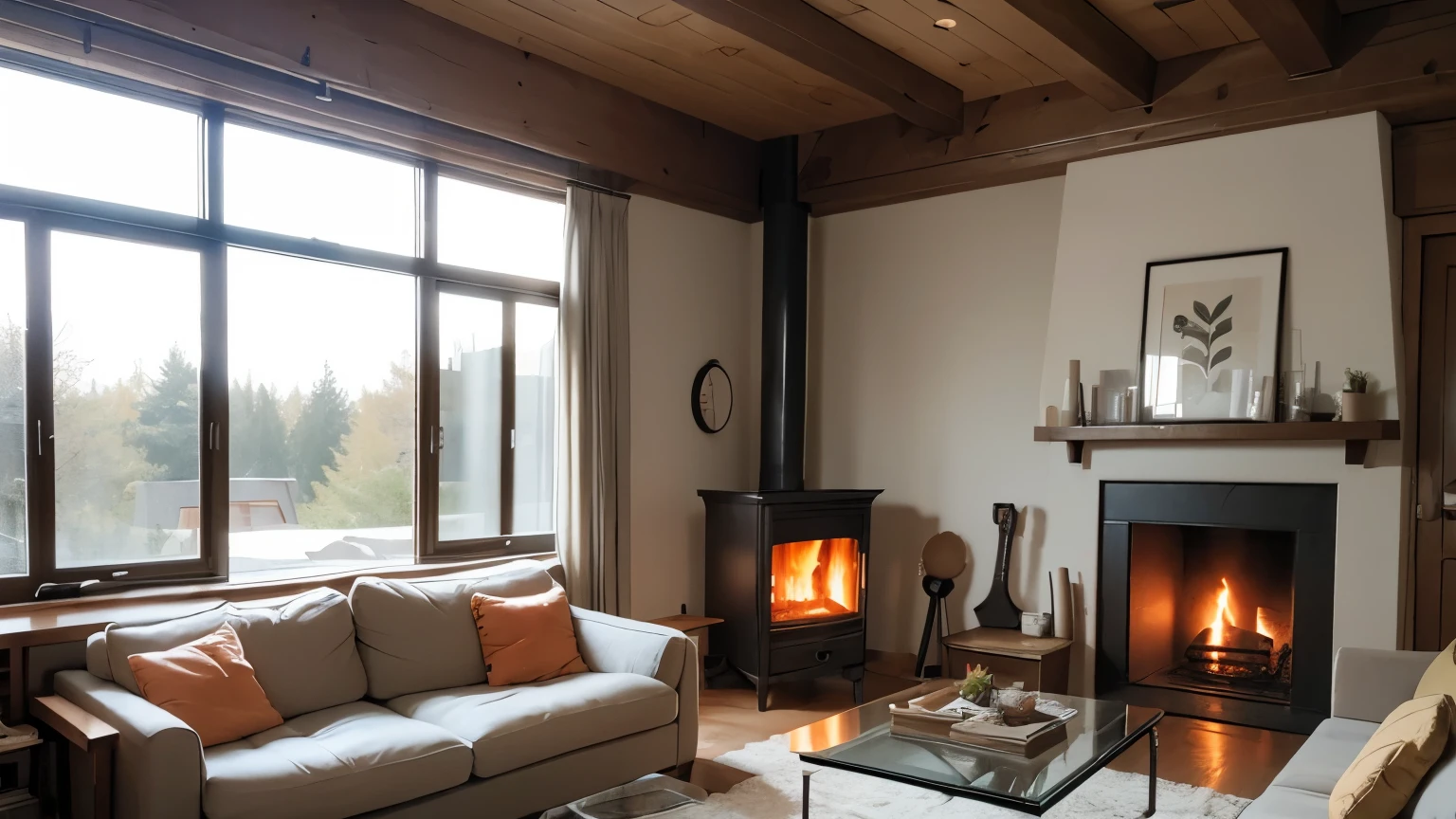 Extra large floor-to-ceiling glass windows on three sides, sofas in the living room, firewood burning in the fireplace, warm and romantic, minimalist decoration style