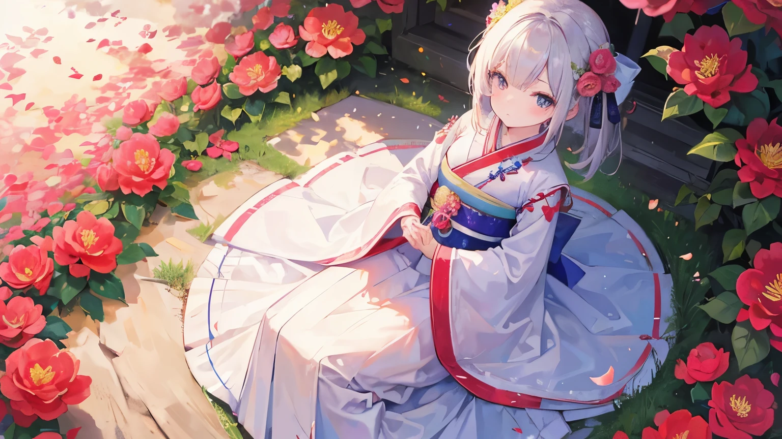 (masterpiece), best quality, girl, hanbok, camellia flower field, sitting on the ground, looking at viewer, high angle, cinematic light, highest quality