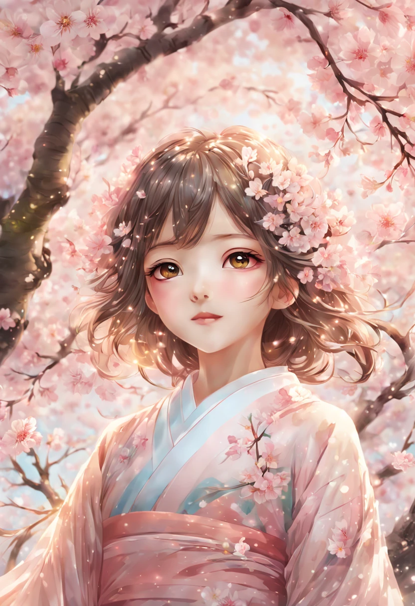 Cherry Blossom Spirit:pretty girl:adorable face:seems kind:light makeup:15 years old,Cherry tree in full bloom,SakuraFubuki,Thin peach color,gentle color,pastel colour,Cherry blossoms scatter on the wind,SakuraFubuki,wind effect,cherry blossom petals,masterpiece,An illustration,detailed,delicate and beautiful work,fancy,I only get to see her for a short time each year.,ephemeral,dream-like