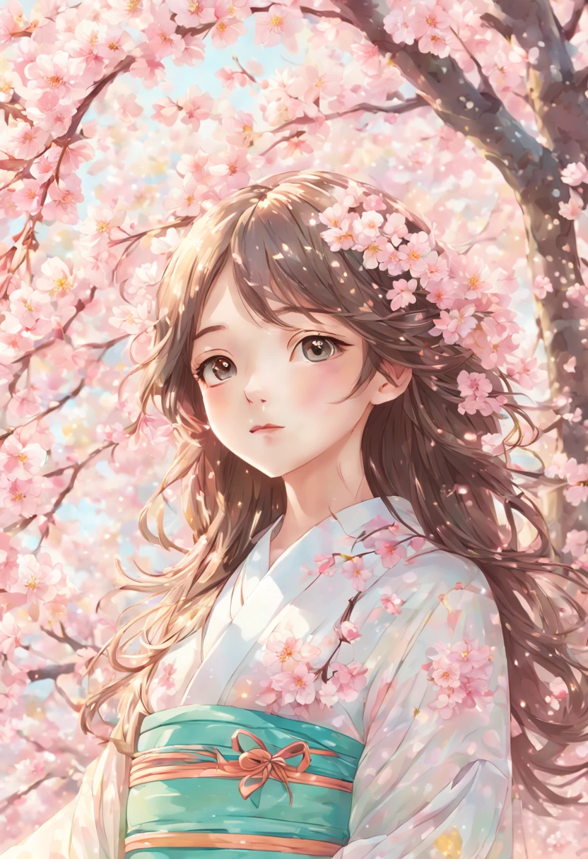Cherry Blossom Spirit:pretty girl:adorable face:seems kind:light makeup:15 years old,Cherry tree in full bloom,SakuraFubuki,Thin peach color,gentle color,pastel colour,Cherry blossoms scatter on the wind,SakuraFubuki,wind effect,cherry blossom petals,masterpiece,An illustration,detailed,delicate and beautiful work,fancy,I only get to see her for a short time each year.,ephemeral,dream-like