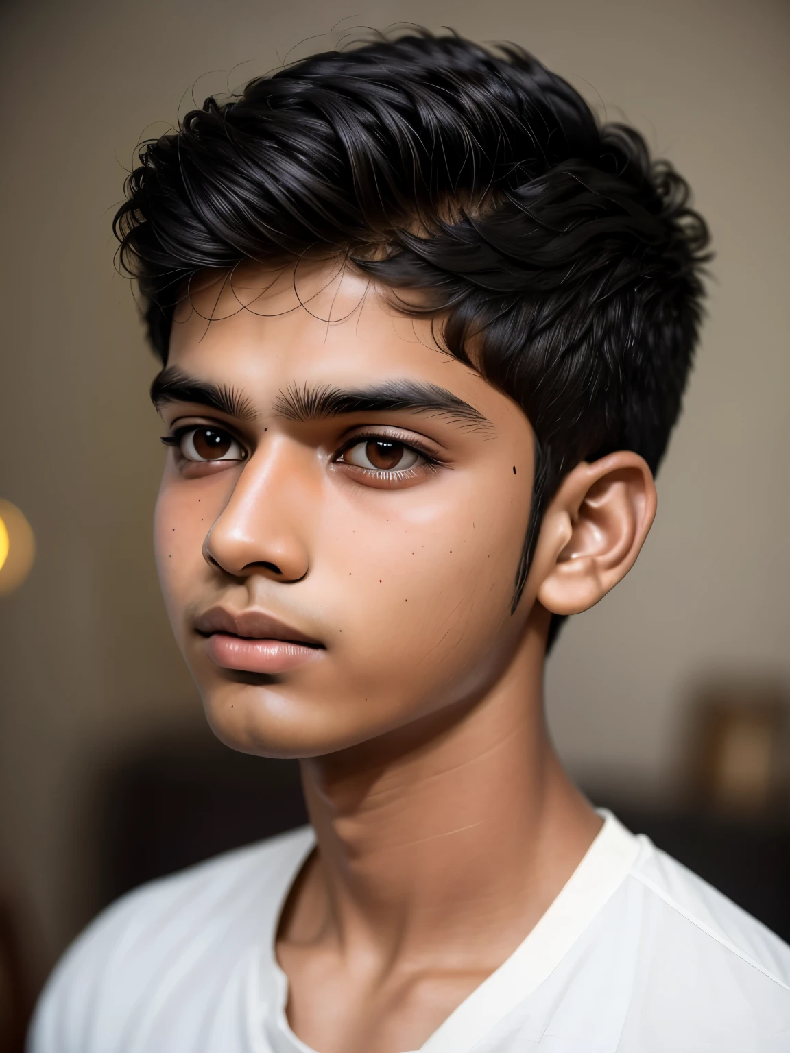 Indian  boy black and white skin colour a small cut in his left cheek and likely normal hair cutting 