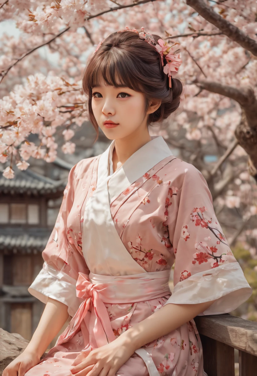 cinematic still, Sakura Maiden, girl, noon, vintage 1960s style, best quality, masterpiece, Representative work, official art, Professional, Ultra intricate detailed, 8k