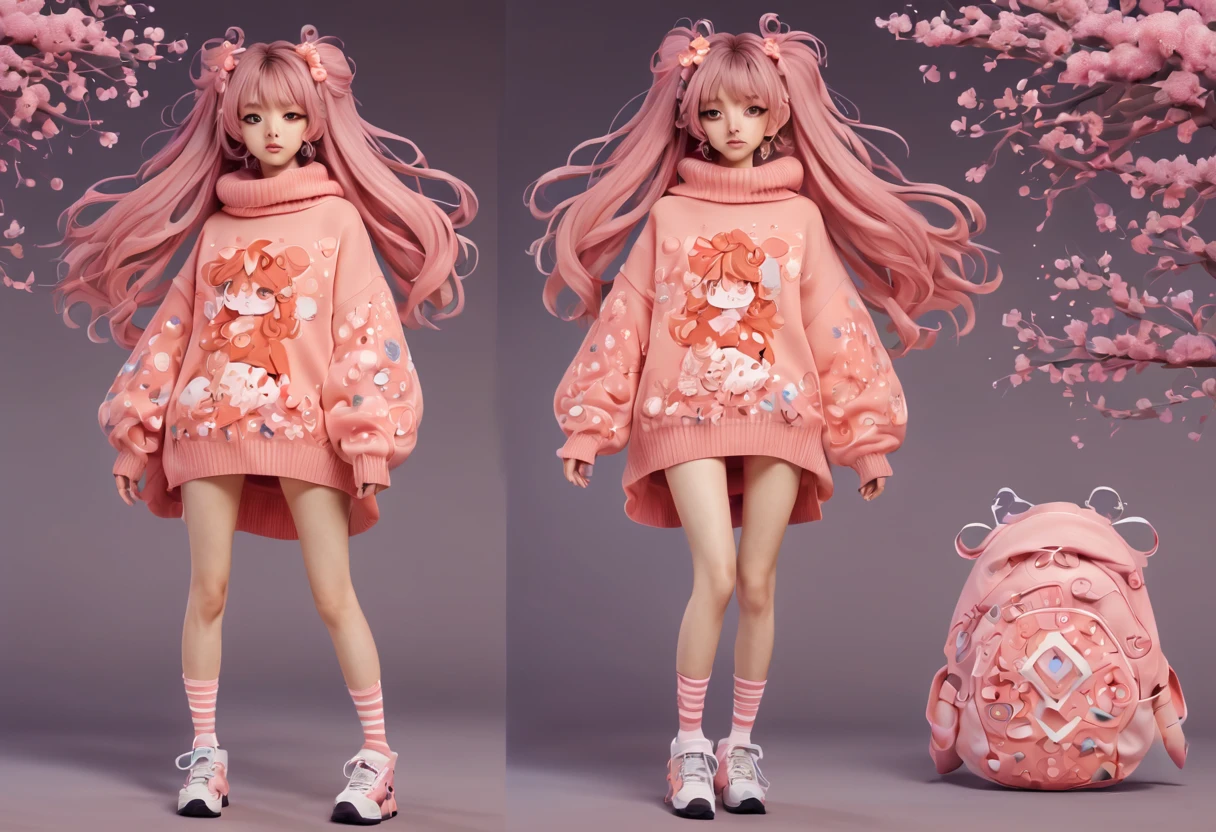 (best quality, highreagical, pink theme, (magical cute sakura maiedn:1.2). with (((exaggerated hair, huge fluffy hair, expanded hair, exagerated voluminous hair))), orange sweater with zentangle lines, details, (((horsehair, fluffy))), socks, shoes,