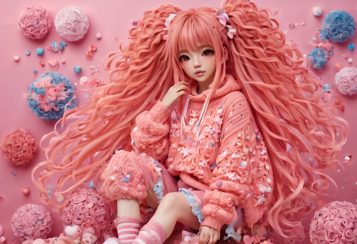 (best quality, highreagical, pink theme, (magical cute sakura maiedn:1.2). with (((exaggerated hair, huge fluffy hair, expanded hair, exagerated voluminous hair))), orange sweater with zentangle lines, details, (((horsehair, fluffy))), socks, shoes,