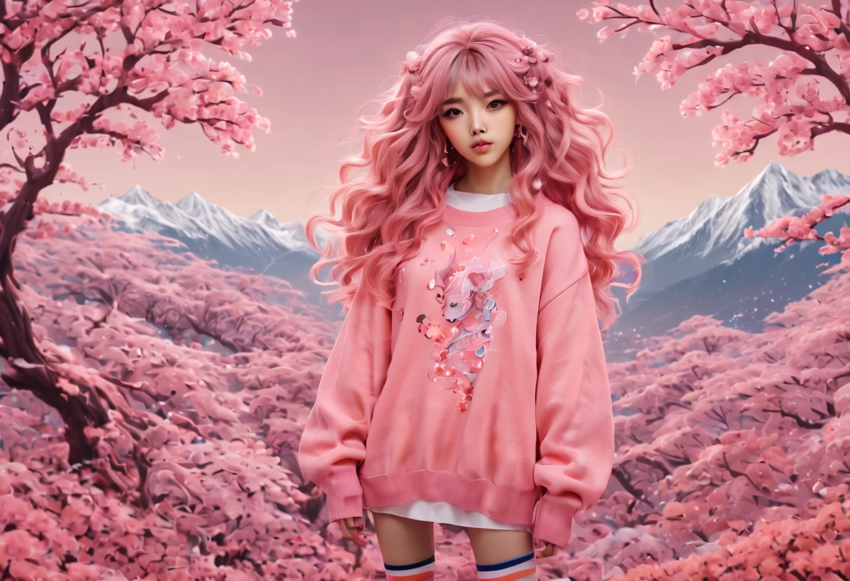 (best quality, highreagical, pink theme, (magical cute sakura maiedn:1.2). with (((exaggerated hair, huge fluffy hair, expanded hair, exagerated voluminous hair))), orange sweater with zentangle lines, details, (((horsehair, fluffy))), socks, shoes,