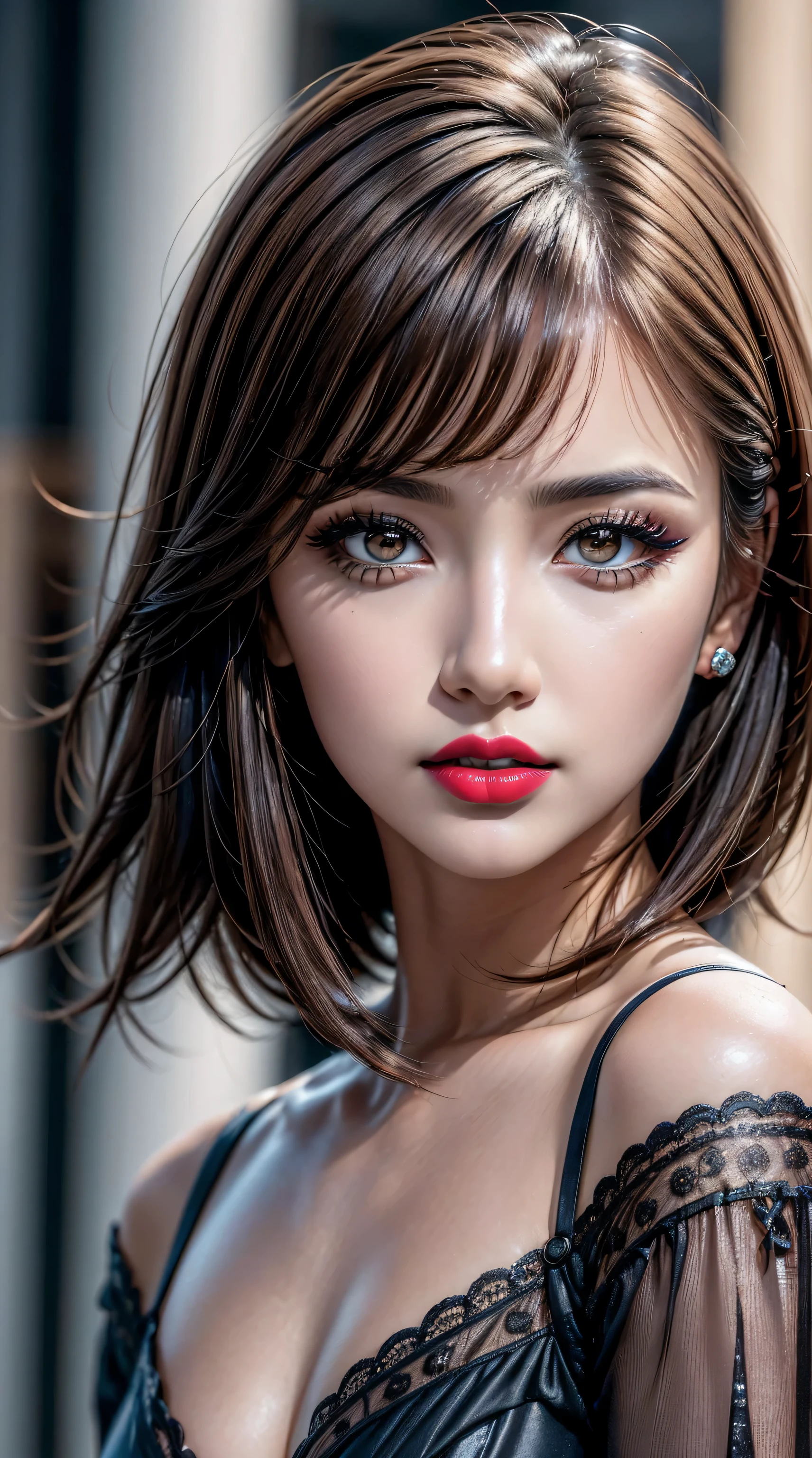 ((perfect round eyes))、dressed, (details of a very beautiful face)(best quality:1.4)16k resolution,(photo realistic:1.65), (realistic:1.65), (smoother lighting:1.05), (increase cinematic lighting quality:0.2), 16k, (1girl:1.4) 21years old、fashion supermodel、realistic lighting, backlighting, light on face, ray trace, (brightening light:1.1), (Increase quality:1.3), (best quality real texture skin:1.2), (ultra detailed eyes), finely detailed face, ((finely quality eyes)), (tired and sleepy and satisfied:0.0), (face closeup:1.1), (detailed lips:1.33)、(Detailed nose:1.2)、(Increase body line mood:1.1), (Increase skin texture beauty:1.3), (small head: 1.4)、((anatomically correct)), pink_makeup:1.44, long_blue_eyeliner:1.45, (red_lipstick:1.25), perfect dark_eyeshadows:1.4, there a close up of a woman's, (super detailed makeup on eyes:1.3), iridescent eyes, with professional makeup, vibrant eyes:1.2, ((Glamour, paparazzi taking pictures of her), (very complicated Extravagant street outfit), The attention to detail, Double eyelids, Wear an off-the-shoulder top, full bodyesbian，((dark short hair:1.23)), ((brown_eyes:1.44)), contrast、 (dark shot:1.04)、 UHD, Extremely detailed, voluminetric warm lighting,