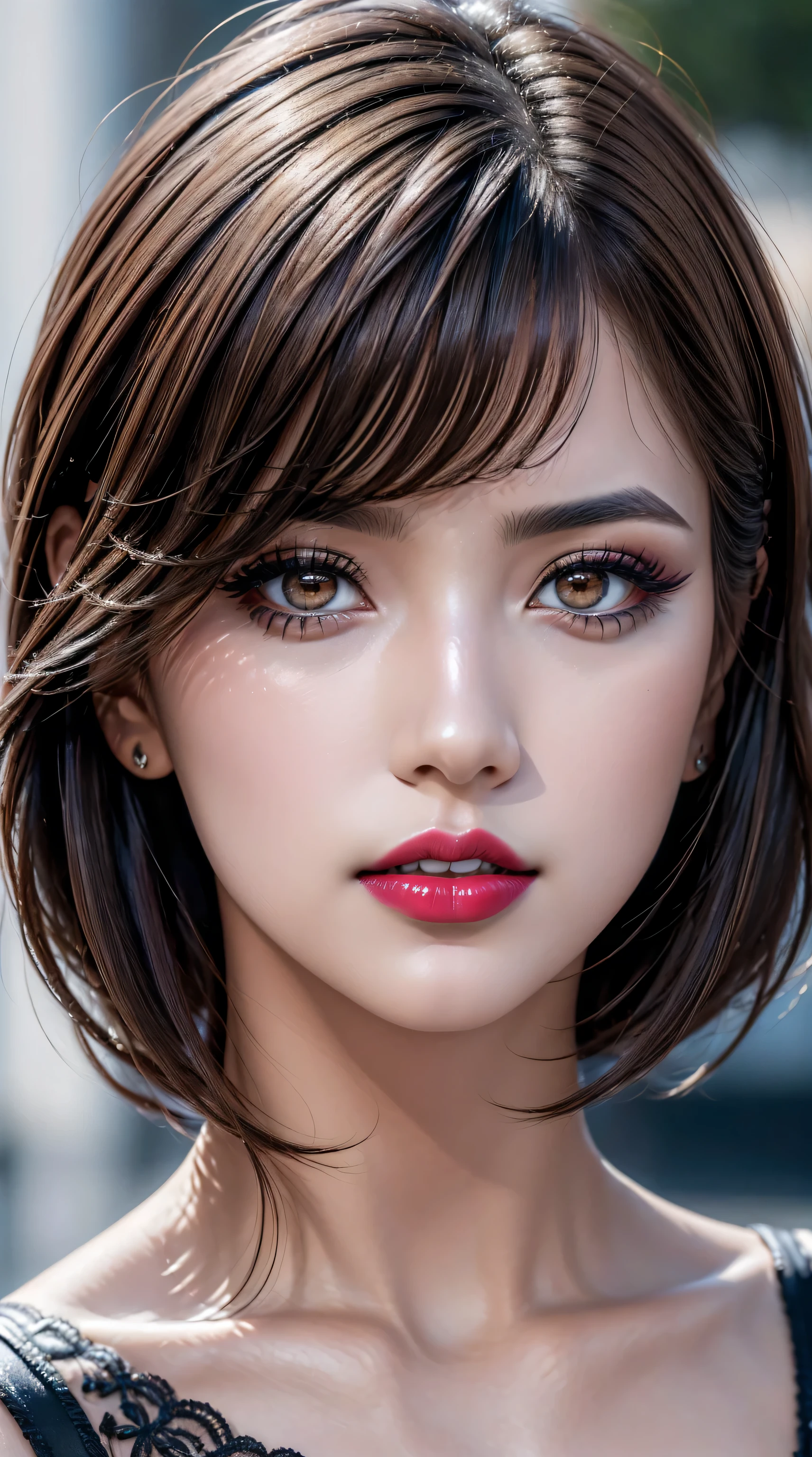 ((perfect round eyes))、dressed, (details of a very beautiful face)(best quality:1.4)16k resolution,(photo realistic:1.65), (realistic:1.65), (smoother lighting:1.05), (increase cinematic lighting quality:0.2), 16k, (1girl:1.4) 21years old、fashion supermodel、realistic lighting, backlighting, light on face, ray trace, (brightening light:1.1), (Increase quality:1.3), (best quality real texture skin:1.2), (ultra detailed eyes), finely detailed face, ((finely quality eyes)), (tired and sleepy and satisfied:0.0), (face closeup:1.1), (detailed lips:1.33)、(Detailed nose:1.2)、(Increase body line mood:1.1), (Increase skin texture beauty:1.3), (small head: 1.4)、((anatomically correct)), pink_makeup:1.44, long_blue_eyeliner:1.45, (red_lipstick:1.25), perfect dark_eyeshadows:1.4, there a close up of a woman's, (super detailed makeup on eyes:1.3), iridescent eyes, with professional makeup, vibrant eyes:1.2, ((Glamour, paparazzi taking pictures of her), (very complicated Extravagant street outfit), The attention to detail, Double eyelids, Wear an off-the-shoulder top, full bodyesbian,((dark short hair:1.23)), ((brown_eyes:1.44)), contrast、 (dark shot:1.04)、 UHD, Extremely detailed, voluminetric warm lighting,