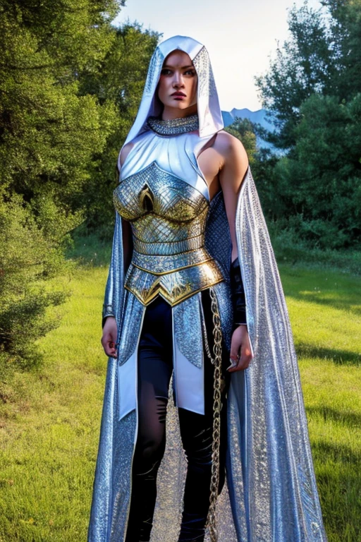 (masterpiece, top quality, best quality, official art, beautiful and aesthetic:1.2), (1girl:1.3), light freckles, fair skin, extremely detailed, portrait, looking at viewer, solo, (full body:0.6), detailed background, close up, (warm grasslands theme:1.1), holy paladin knight, charlatan, smirk, mysterious, swaying in mountains, modest attire, ornate white and gold armor, cowl, nun hood, wimple, cowl, robe, chain mail, chainmail, leggings, chainmail leggings, chain mail leggings, breastplate, tabard, gorget, hood, pauldrons, greaves, armored, long boots, longsword, shield, cape, cloak, white fabric, pale leather, ((((gigantic breasts)))), slim waist, slim hips, long legs, medieval (mountain exterior:1.1) background, dark mysterious lighting, shadows, magical atmosphere, dutch angle,