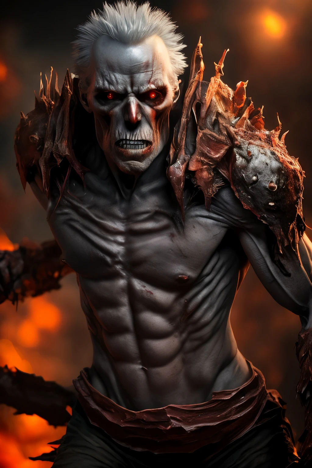 The muscular undead portrait, imbued with an eerie sense of life, flees from the radiant beams of light that pierce the shadows around him. His hauntinglyfixed gaze remains unwavering upon his pursued objective, as his powerfully defined limbs propel him forward with an instinctual fear of the illuminated path ahead. The once human features of his face are now distorted by a hideous decay, yet determination still burns in his fiery red eyes, fueling his relentless pursuit. --s2

High resolution digital sculpture of an undead warrior, carrying an aura of fear and hasty escape, intense gaze, piercing light contrast, 