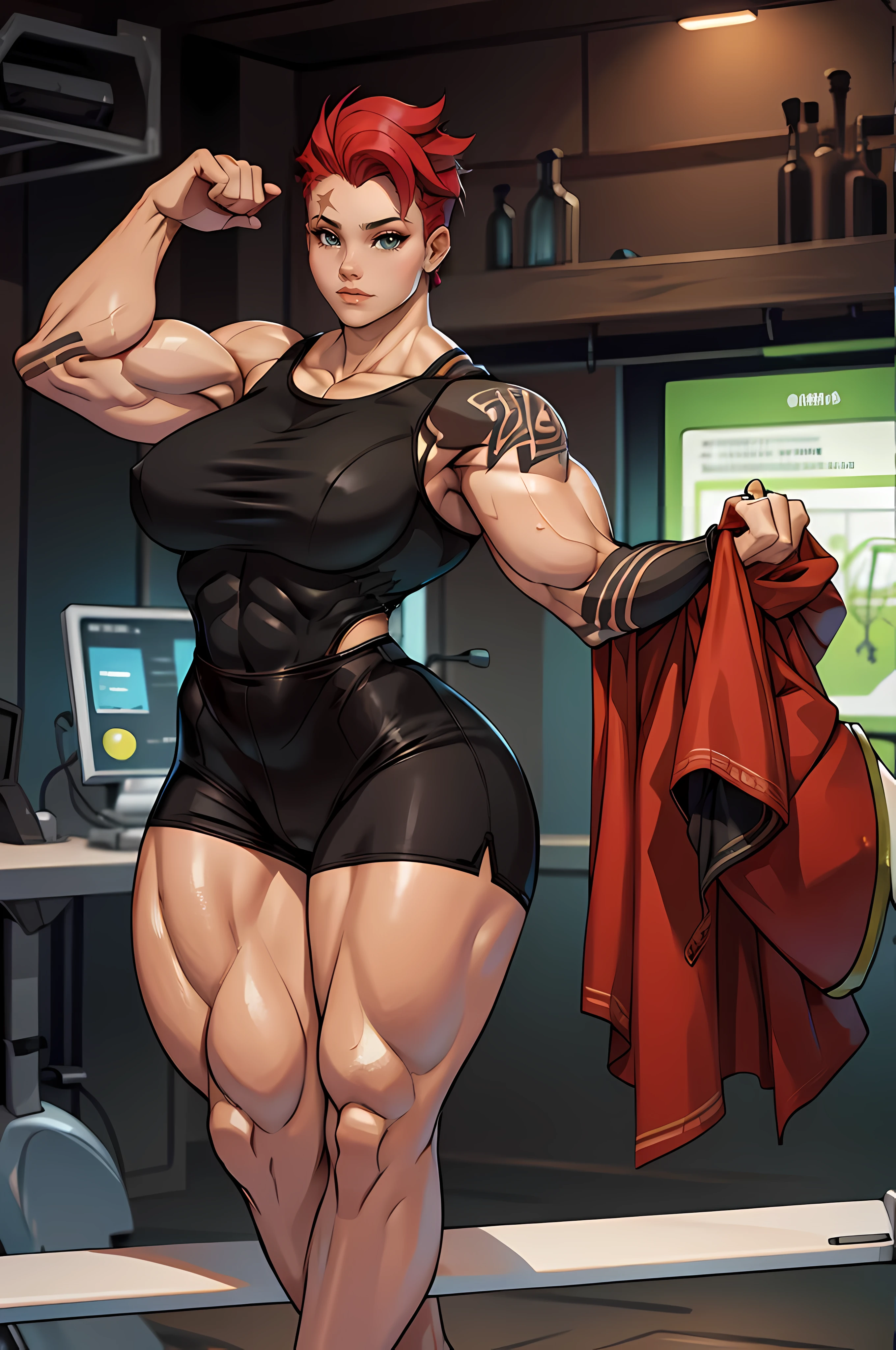 Solo, Alone, accurate anatomy, Garota musculosa, CABELO VERMELHO, cabelo curto,slim waist, Muscular Quadriceps, Bodybuilder, Gigantic breasts, Yoga shorts, top